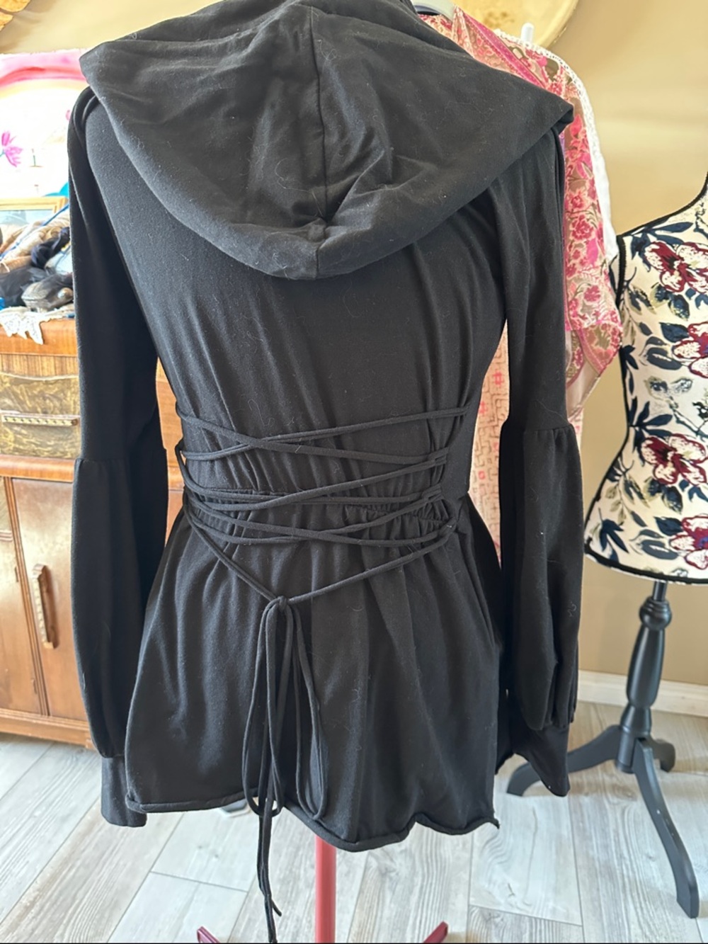 Whimsical Boho Goth Faerie Black Hooded Lace-Up Waist Jacket